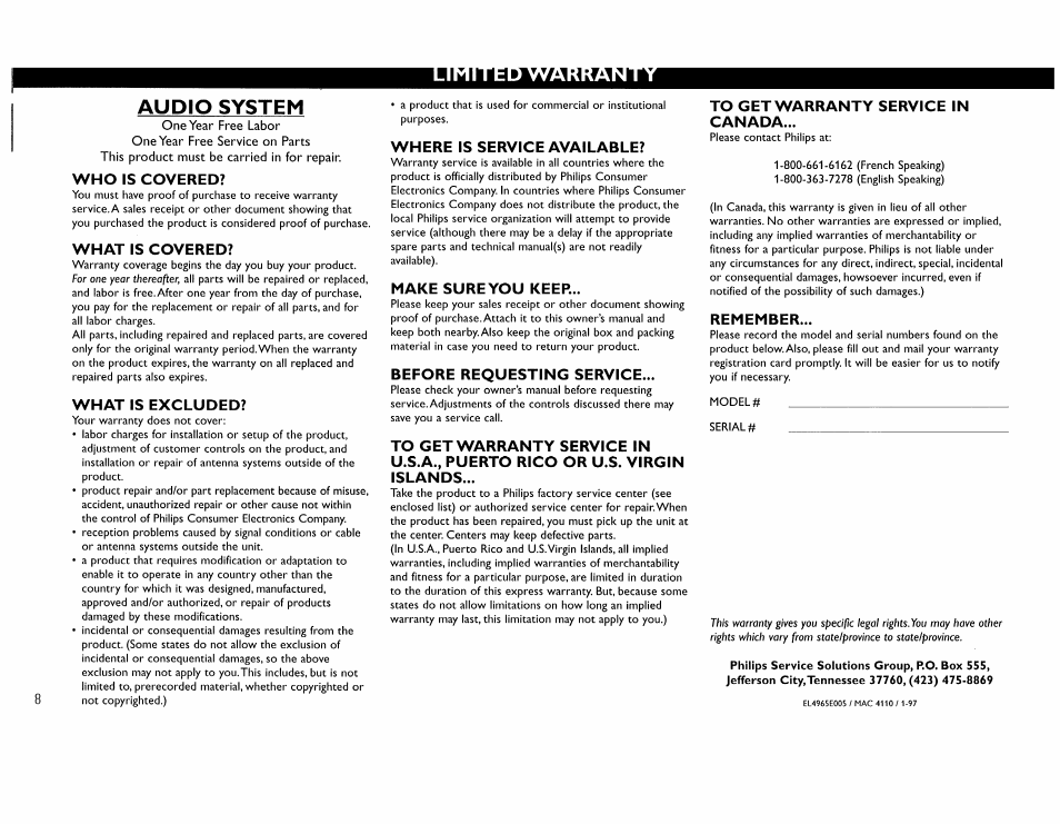 Who is covered, What is covered, What is excluded | Where is service available, Make sureyou keep, Before requesting service, To get warranty service in canada, Remember, Audio system | Philips FW45C User Manual | Page 8 / 80