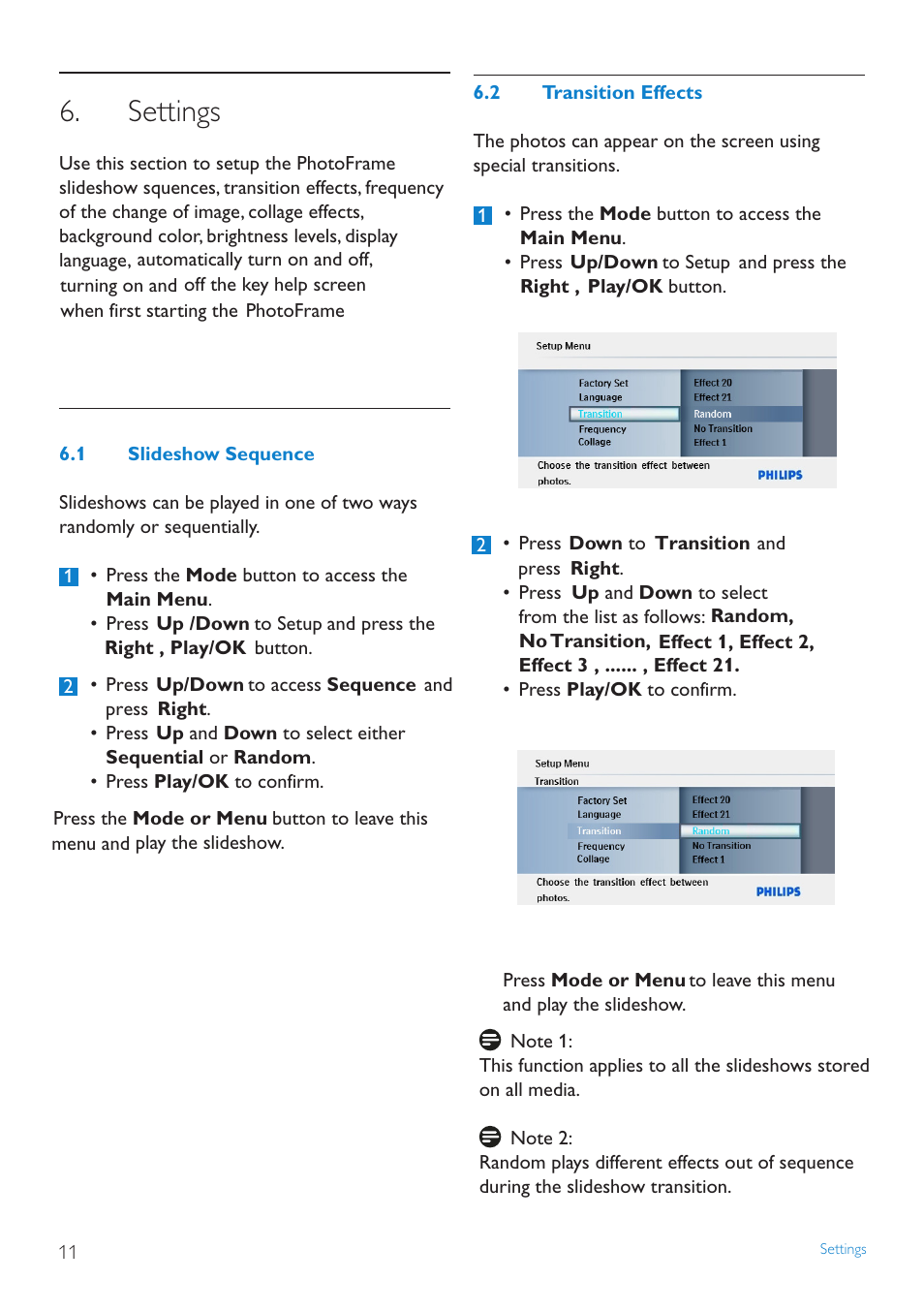 Settings, Slideshow.sequence, Transition.effects | Philips SPF1007/10 User Manual | Page 12 / 23