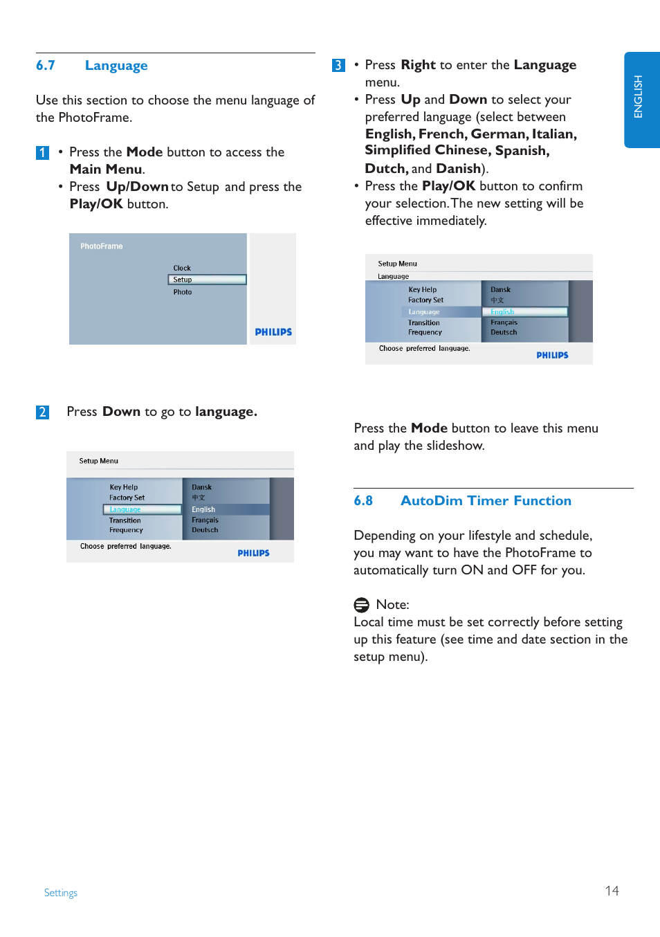 Brightness, Language | Philips SPF1007/10 User Manual | Page 15 / 23