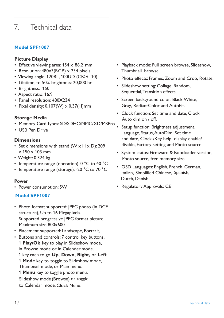 Key.help, Technical data | Philips SPF1007/10 User Manual | Page 18 / 23
