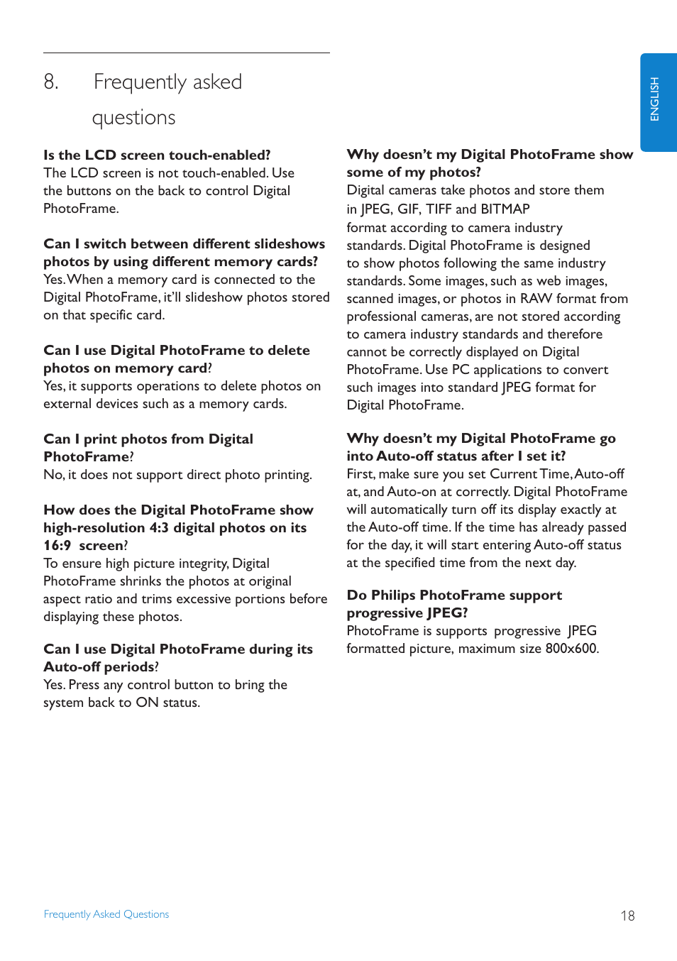Frequently asked questions, Frequently asked, Questions | Philips SPF1007/10 User Manual | Page 19 / 23