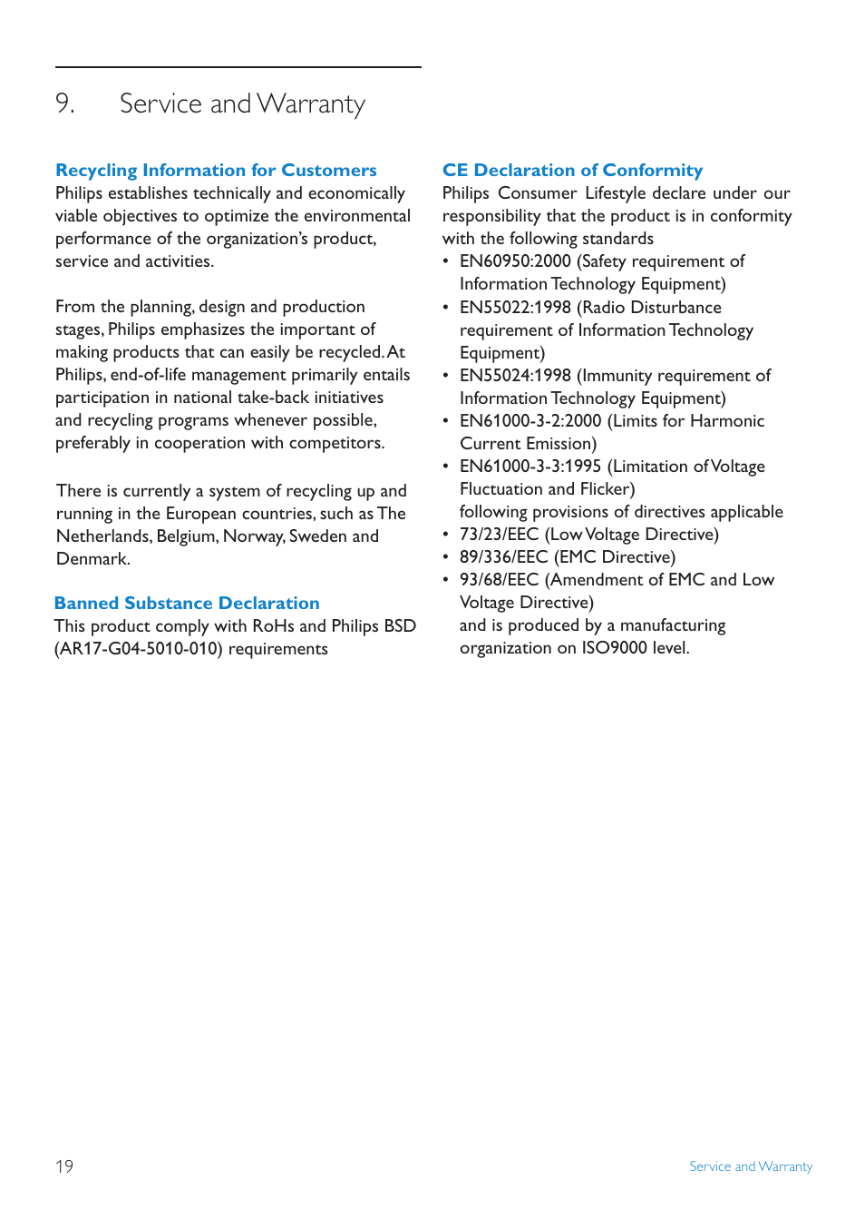 Service and warranty, One.year.limited.warranty.(for.us.and.ca, Recycling.information.for.customers | Banned.substance.declaration | Philips SPF1007/10 User Manual | Page 20 / 23