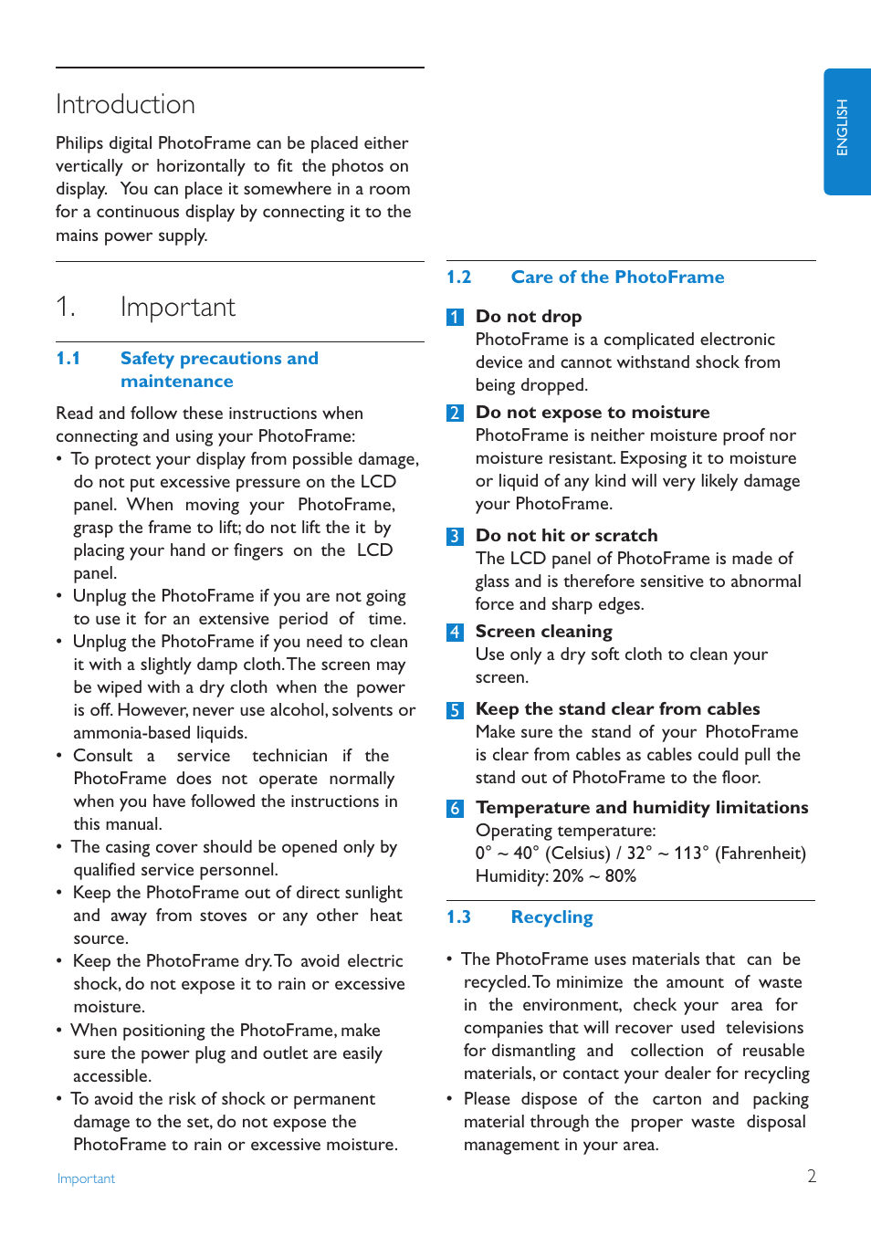 Introduction, Important, Safety precautions and maintenance | Care.of.the.photoframe | Philips SPF1007/10 User Manual | Page 3 / 23