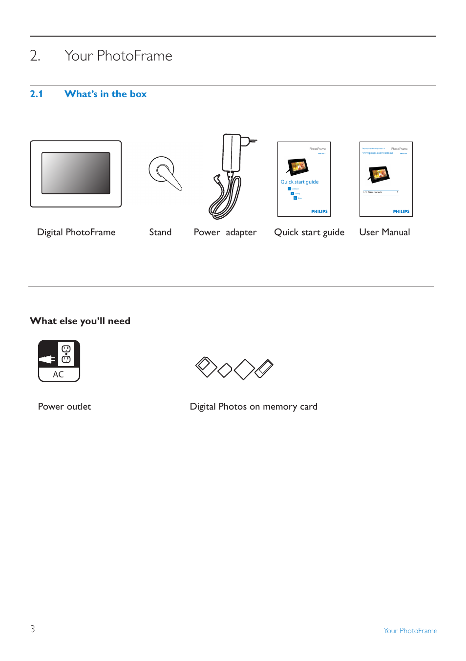 Your photoframe, What’s.in.the.box, Quick start guide | User manual stand | Philips SPF1007/10 User Manual | Page 4 / 23