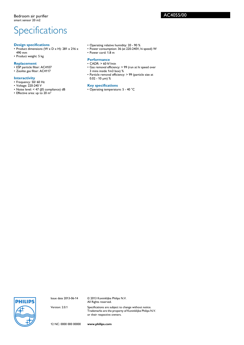 Specifications | Philips AC4055/00 User Manual | Page 3 / 3