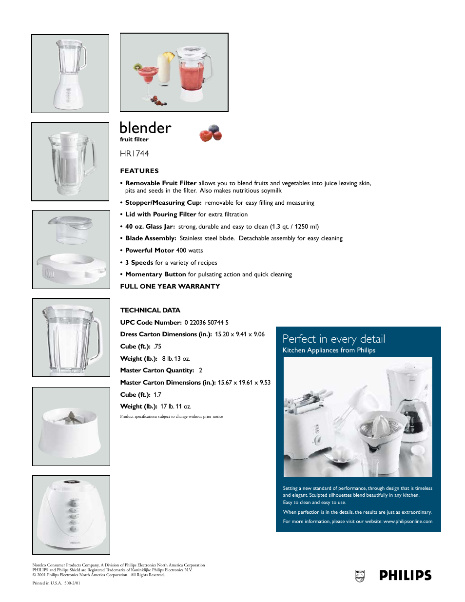Blender, Perfect in every detail | Philips HR1744 User Manual | Page 2 / 2