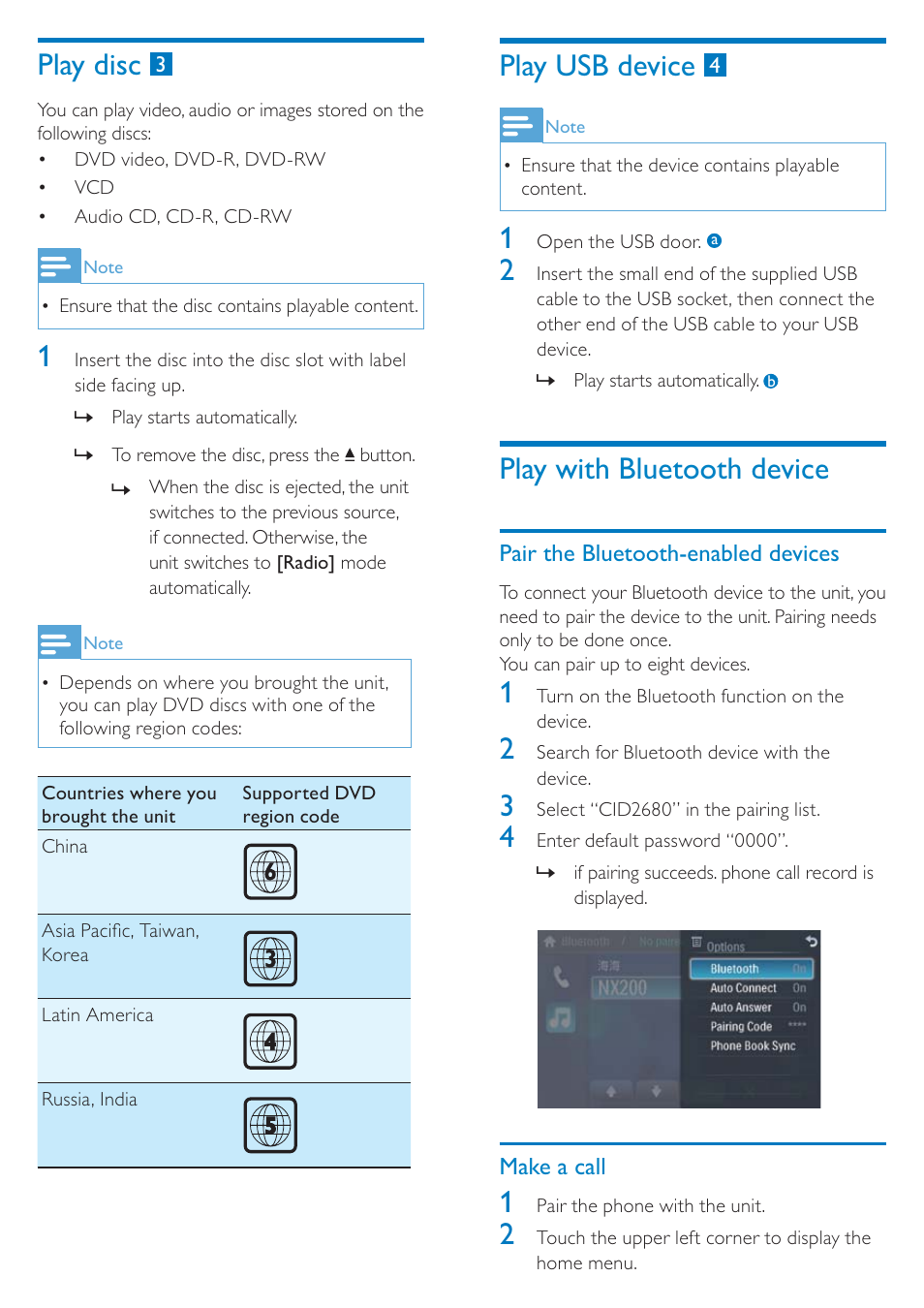 Play disc, Play usb device, Play with bluetooth device | Philips CID2680/00 User Manual | Page 10 / 12