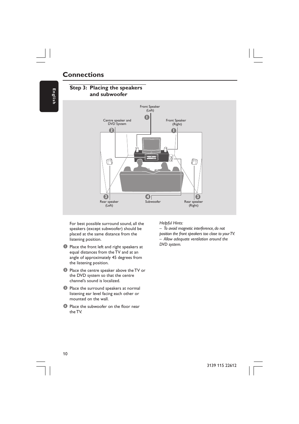 Connections, Step 3: placing the speakers and subwoofer | Philips LX3600D/25 User Manual | Page 10 / 41