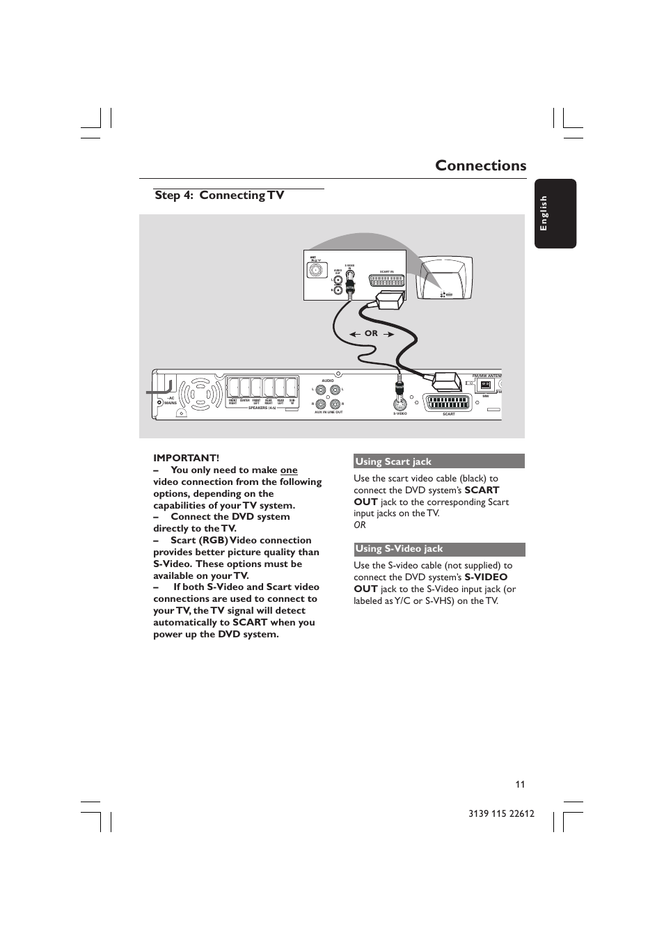 Connections, Step 4: connecting tv, Audio out s-video in video in scart in | Philips LX3600D/25 User Manual | Page 11 / 41