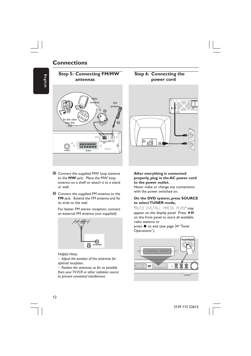 Connections, Step 6: connecting the power cord, Step 5: connecting fm/mw antennas | Philips LX3600D/25 User Manual | Page 12 / 41