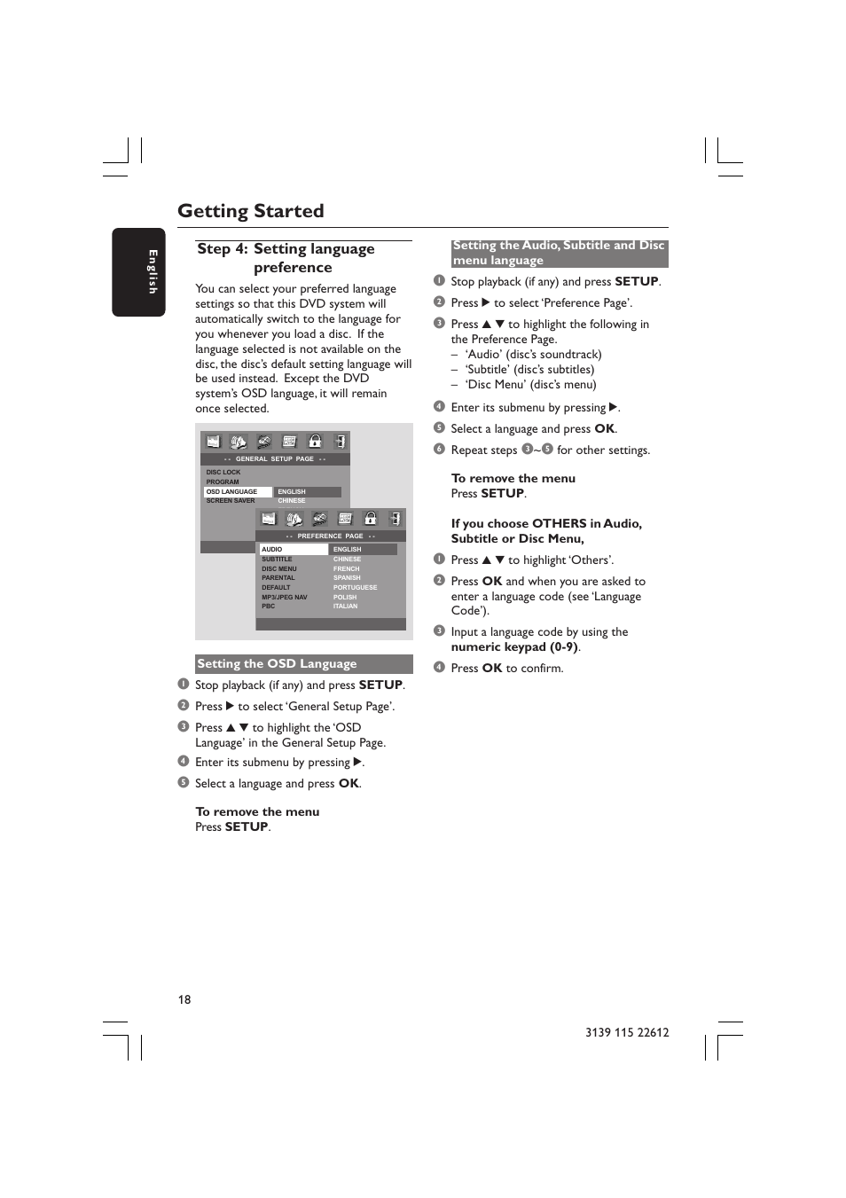 Getting started, Step 4: setting language preference | Philips LX3600D/25 User Manual | Page 18 / 41