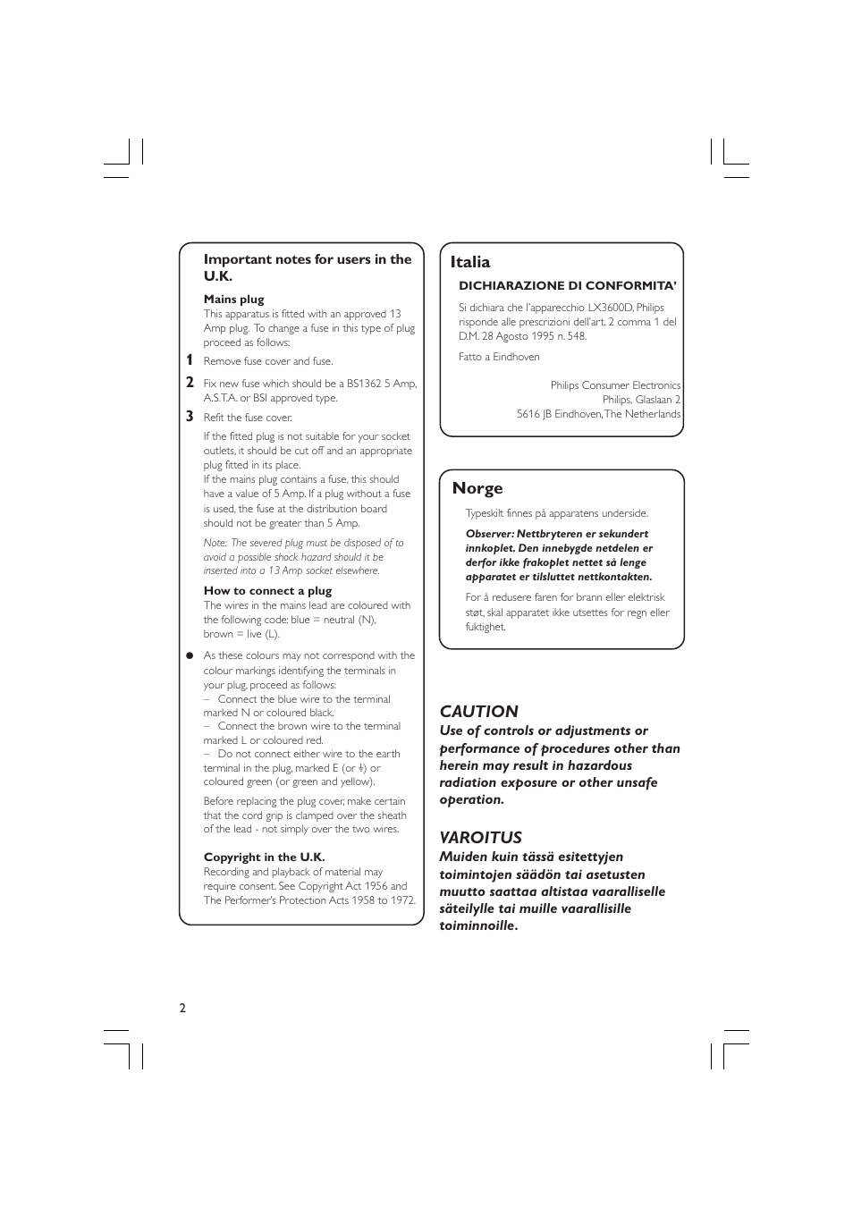 Norge, Italia, Caution | Varoitus | Philips LX3600D/25 User Manual | Page 2 / 41