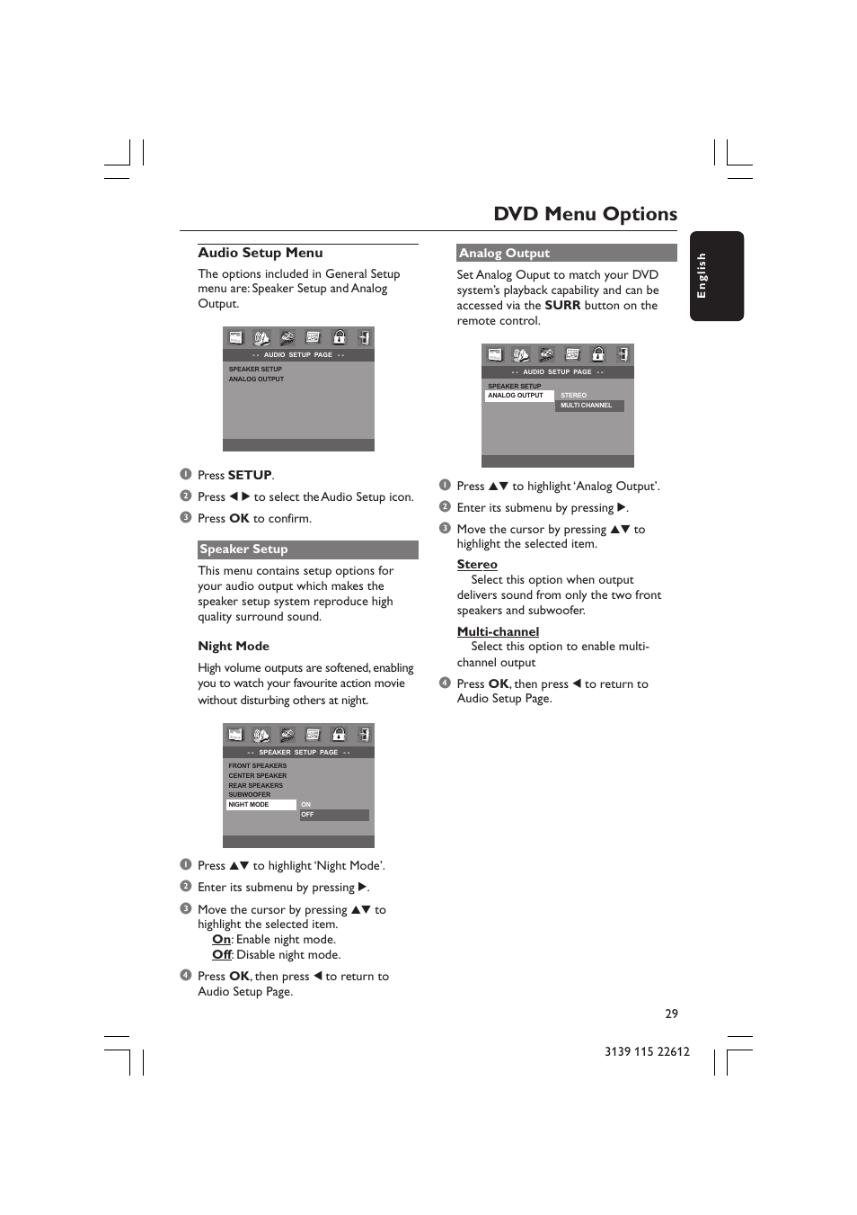 Dvd menu options, Audio setup menu | Philips LX3600D/25 User Manual | Page 29 / 41