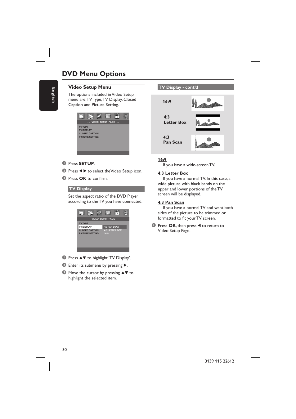 Dvd menu options, Video setup menu | Philips LX3600D/25 User Manual | Page 30 / 41