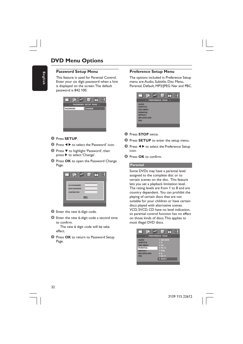 Dvd menu options, Password setup menu, Preference setup menu | Philips LX3600D/25 User Manual | Page 32 / 41