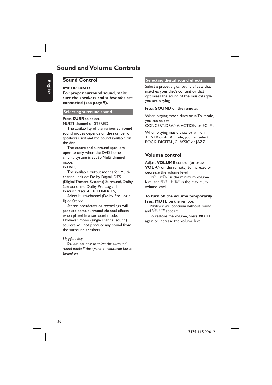 Sound and volume controls | Philips LX3600D/25 User Manual | Page 36 / 41