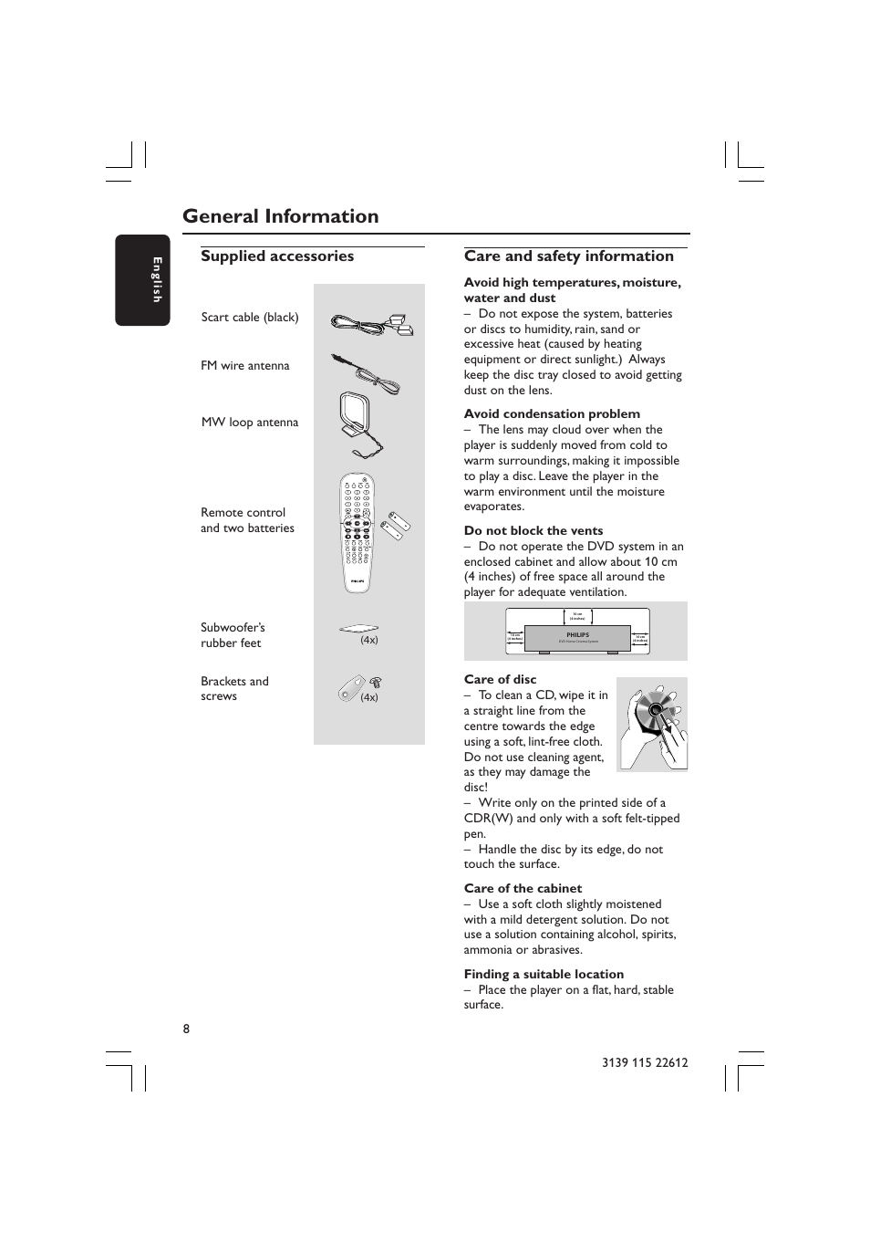 General information, Supplied accessories, Care and safety information | Philips LX3600D/25 User Manual | Page 8 / 41