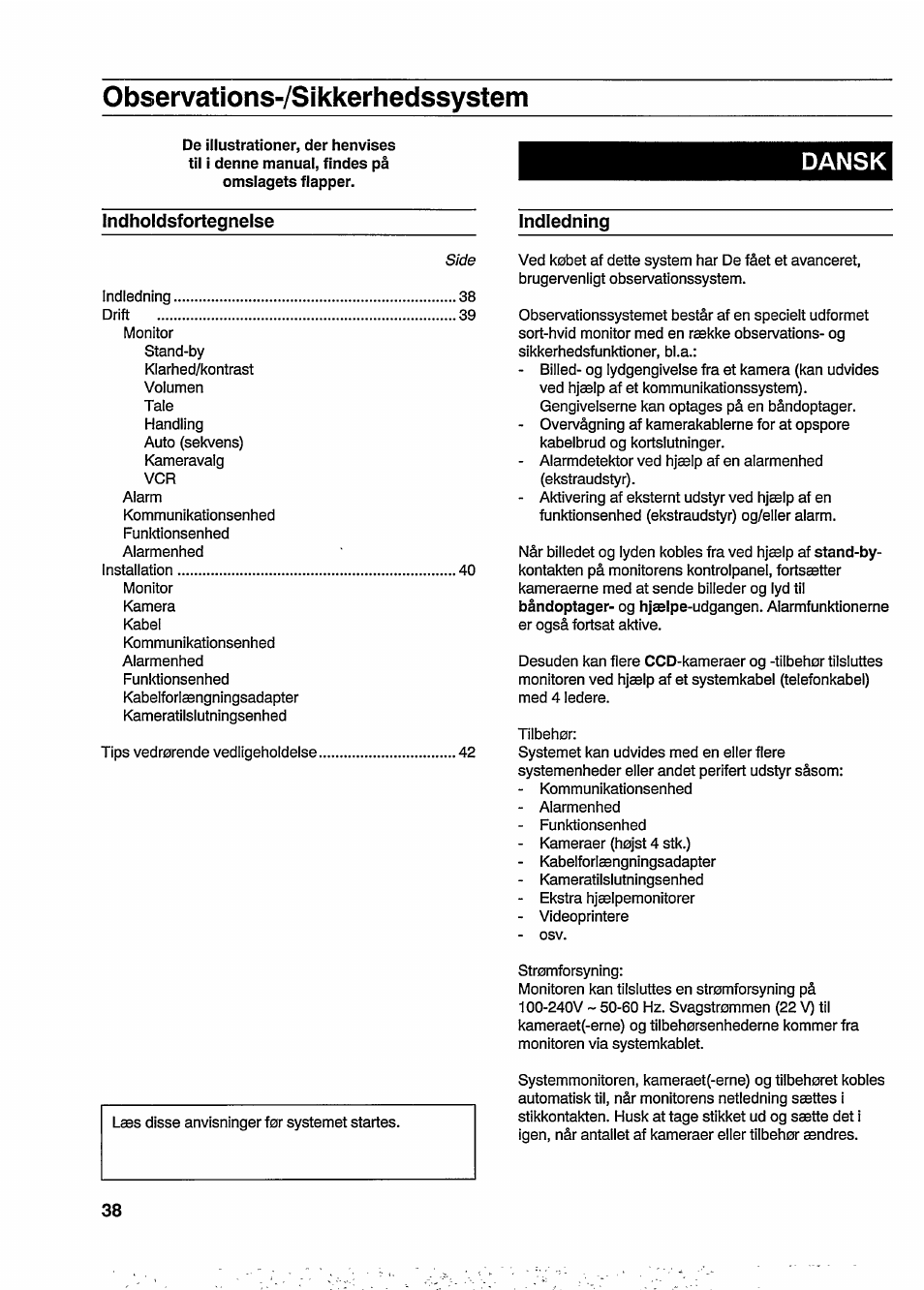 Observations-zsikkerhedssystem, Dansk, Indholdsfortegnelse indledning | Philips VSS2285/00T User Manual | Page 5 / 20