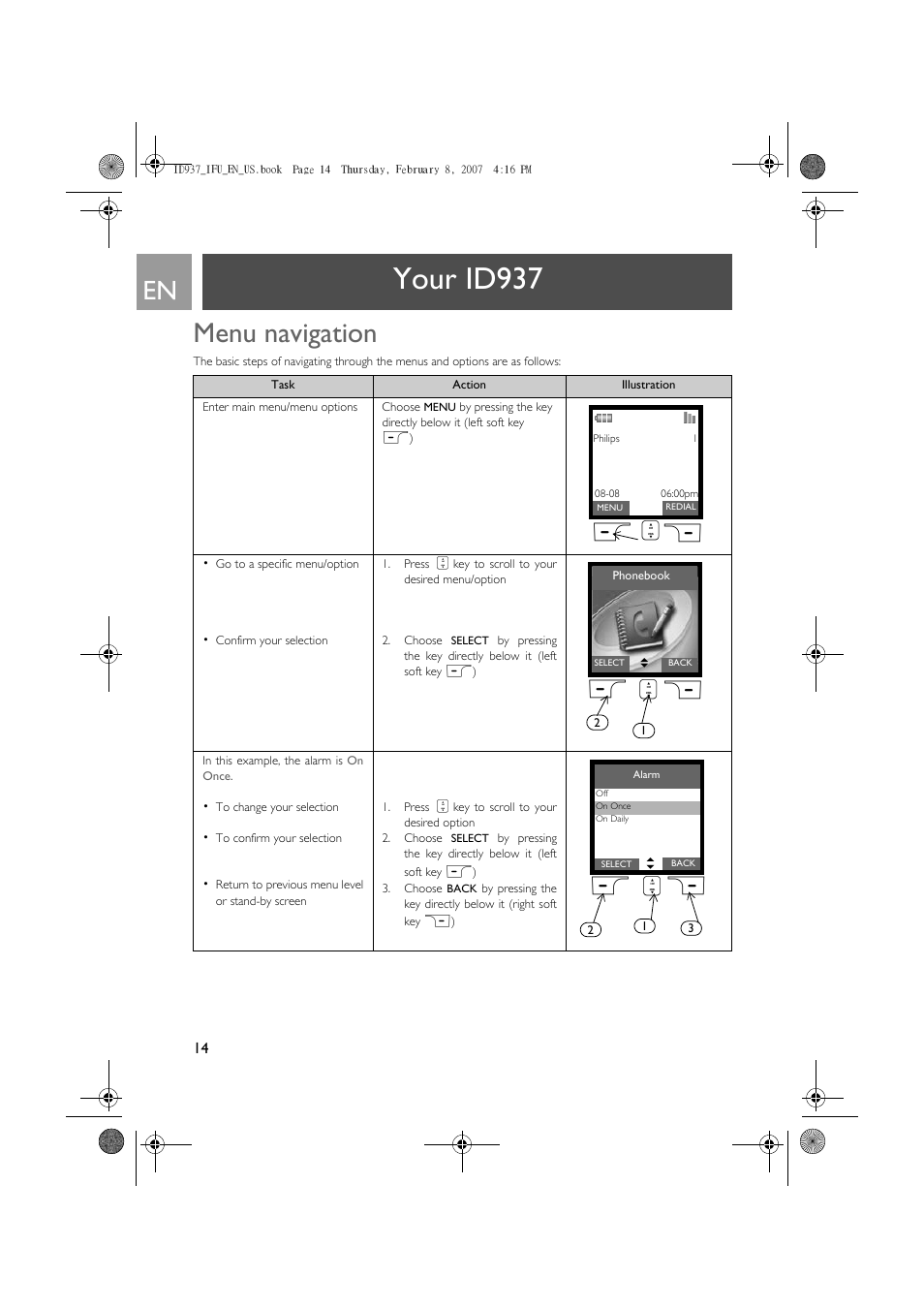 Menu navigation, Your id937 | Philips ID937 User Manual | Page 14 / 58