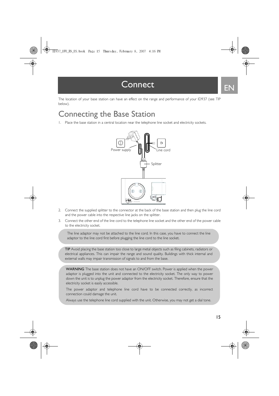 Connect, Connecting the base station | Philips ID937 User Manual | Page 15 / 58