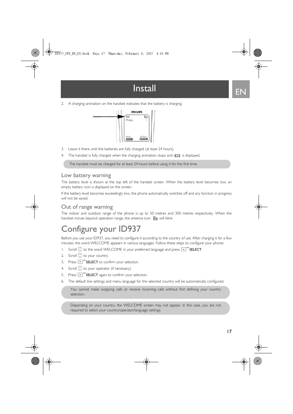 Low battery warning, Out of range warning, Configure your id937 | Install | Philips ID937 User Manual | Page 17 / 58