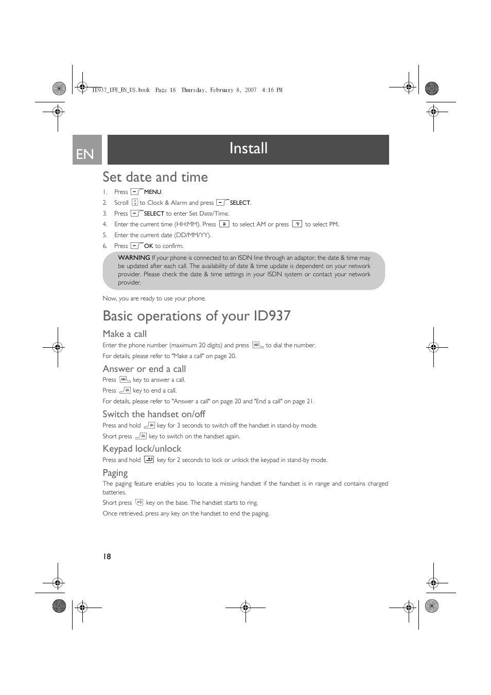 Set date and time, Basic operations of your id937, Make a call | Answer or end a call, Switch the handset on/off, Keypad lock/unlock, Paging, Install | Philips ID937 User Manual | Page 18 / 58