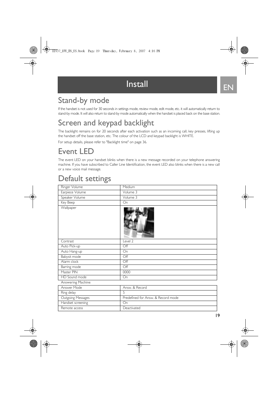 Stand-by mode, Screen and keypad backlight, Event led | Default settings, Install | Philips ID937 User Manual | Page 19 / 58