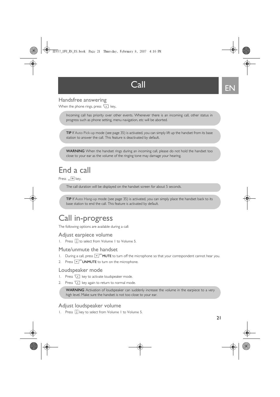 Handsfree answering, End a call, Call in-progress | Adjust earpiece volume, Mute/unmute the handset, Loudspeaker mode, Adjust loudspeaker volume, Call | Philips ID937 User Manual | Page 21 / 58