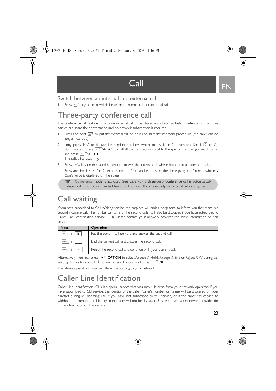 Switch between an internal and external call, Three-party conference call, Caller line identification | Call, Call waiting | Philips ID937 User Manual | Page 23 / 58