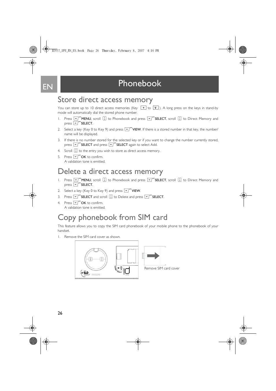 Store direct access memory, Delete a direct access memory, Copy phonebook from sim card | Phonebook | Philips ID937 User Manual | Page 26 / 58