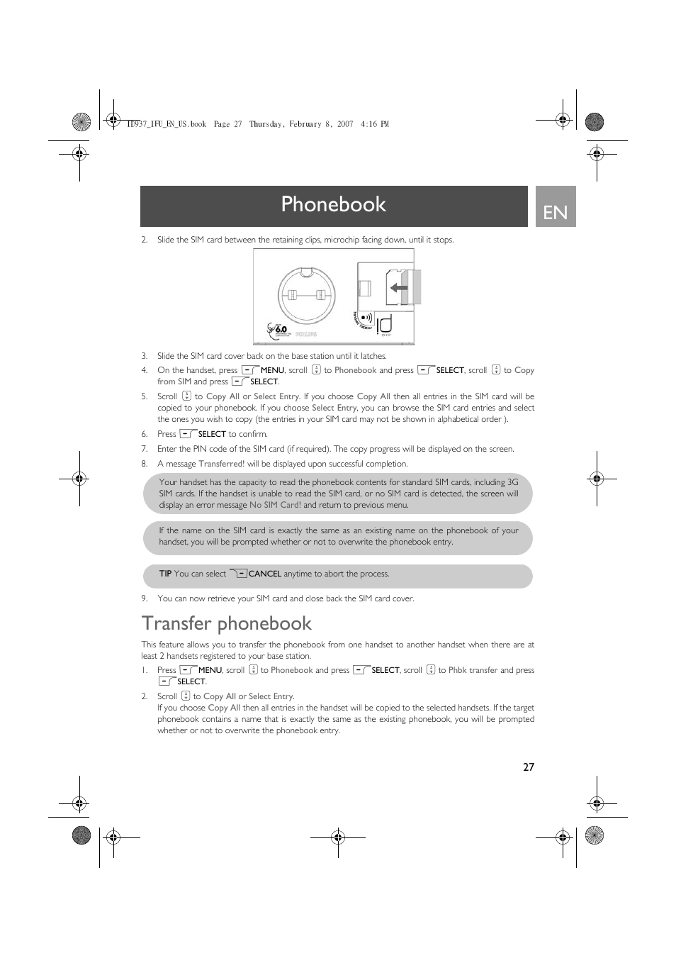 Transfer phonebook, Phonebook | Philips ID937 User Manual | Page 27 / 58