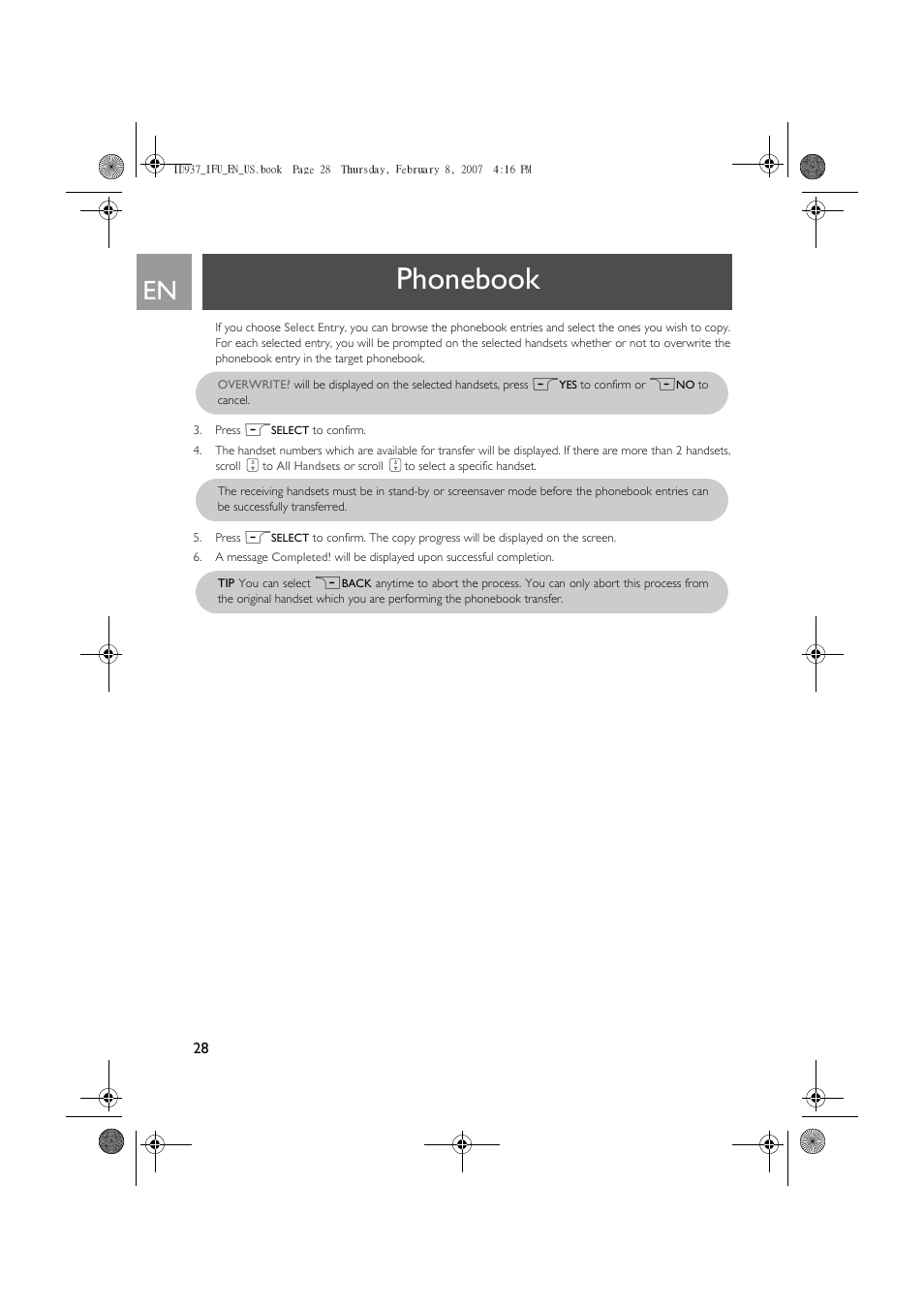 Phonebook | Philips ID937 User Manual | Page 28 / 58