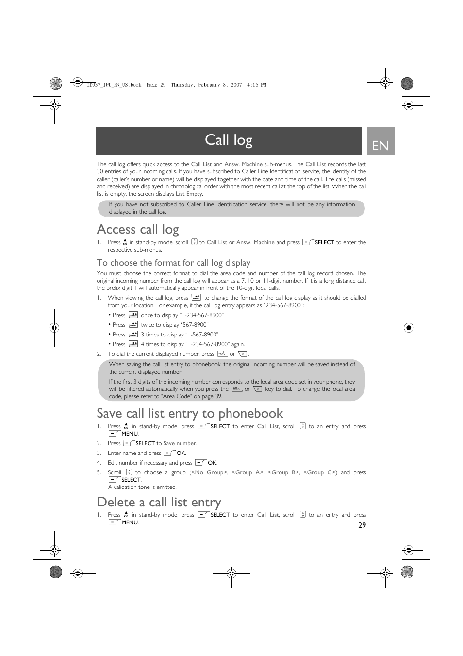 Call log, Access call log, To choose the format for call log display | Save call list entry to phonebook, Delete a call list entry | Philips ID937 User Manual | Page 29 / 58