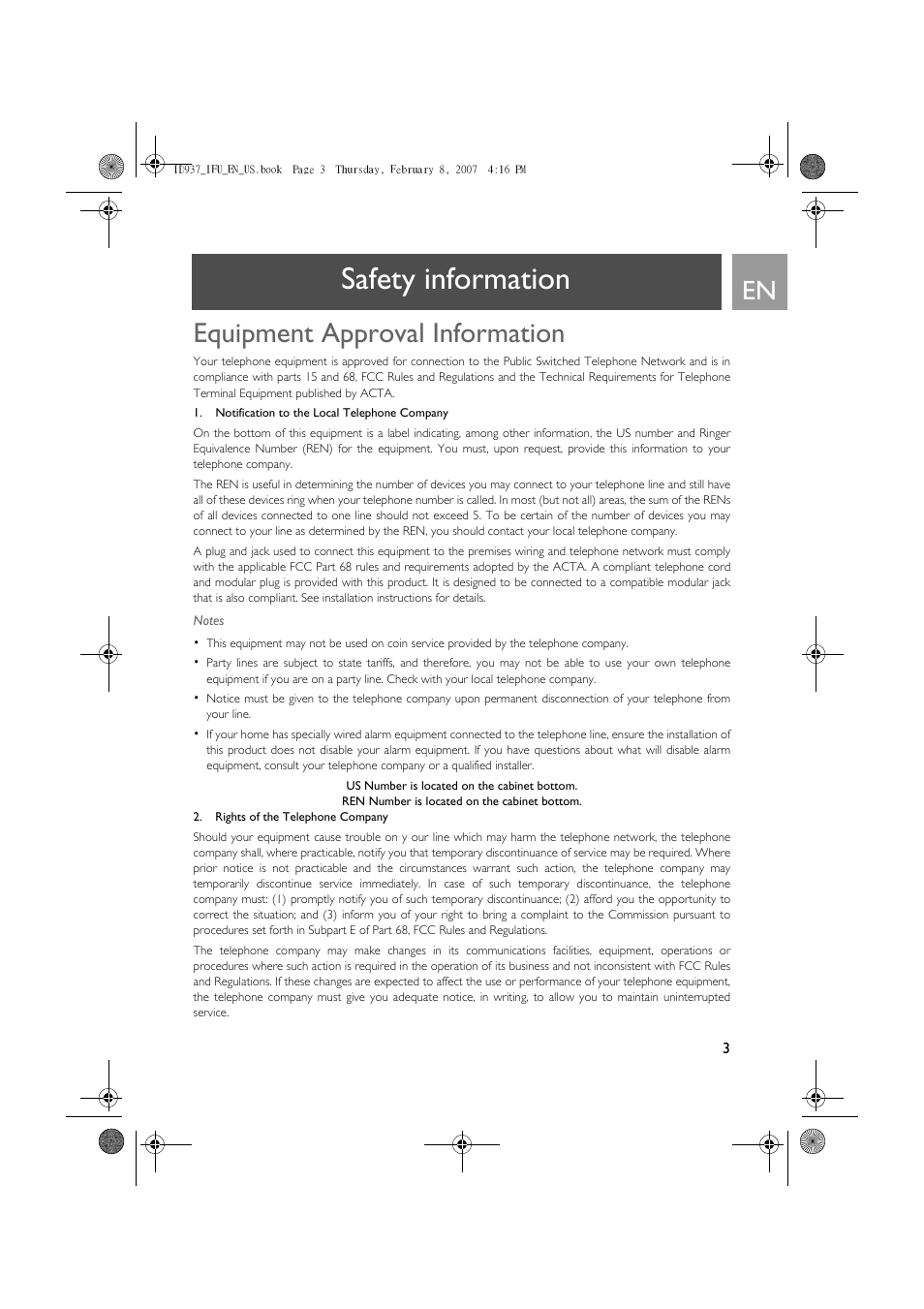 Safety information, Equipment approval information | Philips ID937 User Manual | Page 3 / 58