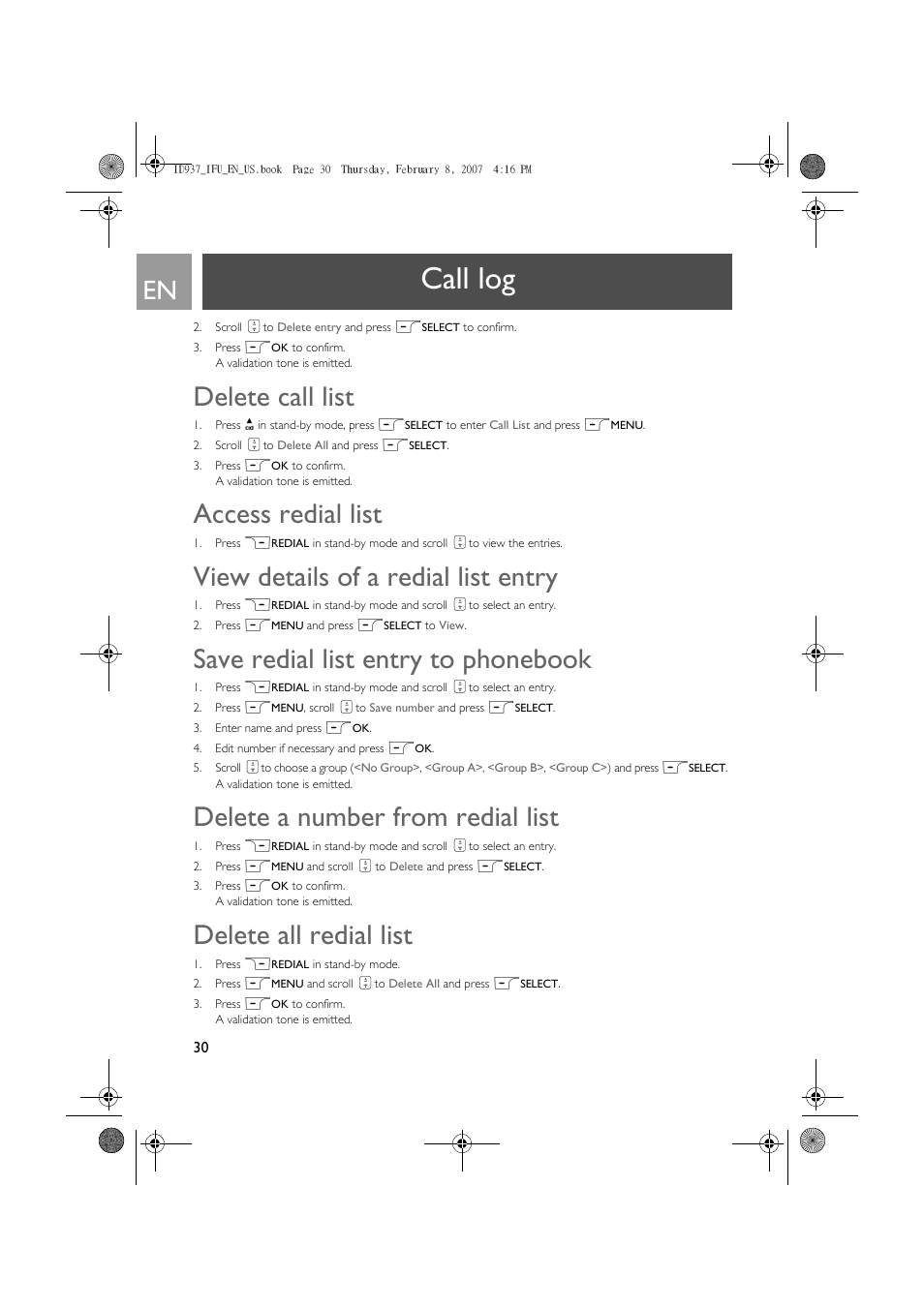 Delete call list, Access redial list, View details of a redial list entry | Save redial list entry to phonebook, Delete a number from redial list, Delete all redial list, Call log | Philips ID937 User Manual | Page 30 / 58