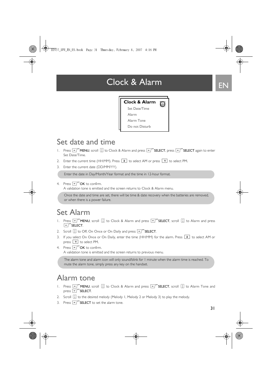 Clock & alarm, Set date and time, Set alarm | Alarm tone | Philips ID937 User Manual | Page 31 / 58