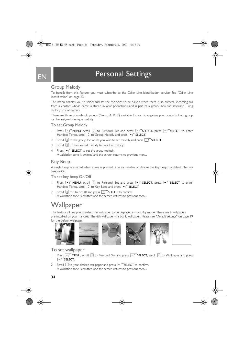 Group melody, Key beep, Wallpaper | To set wallpaper, Personal settings | Philips ID937 User Manual | Page 34 / 58