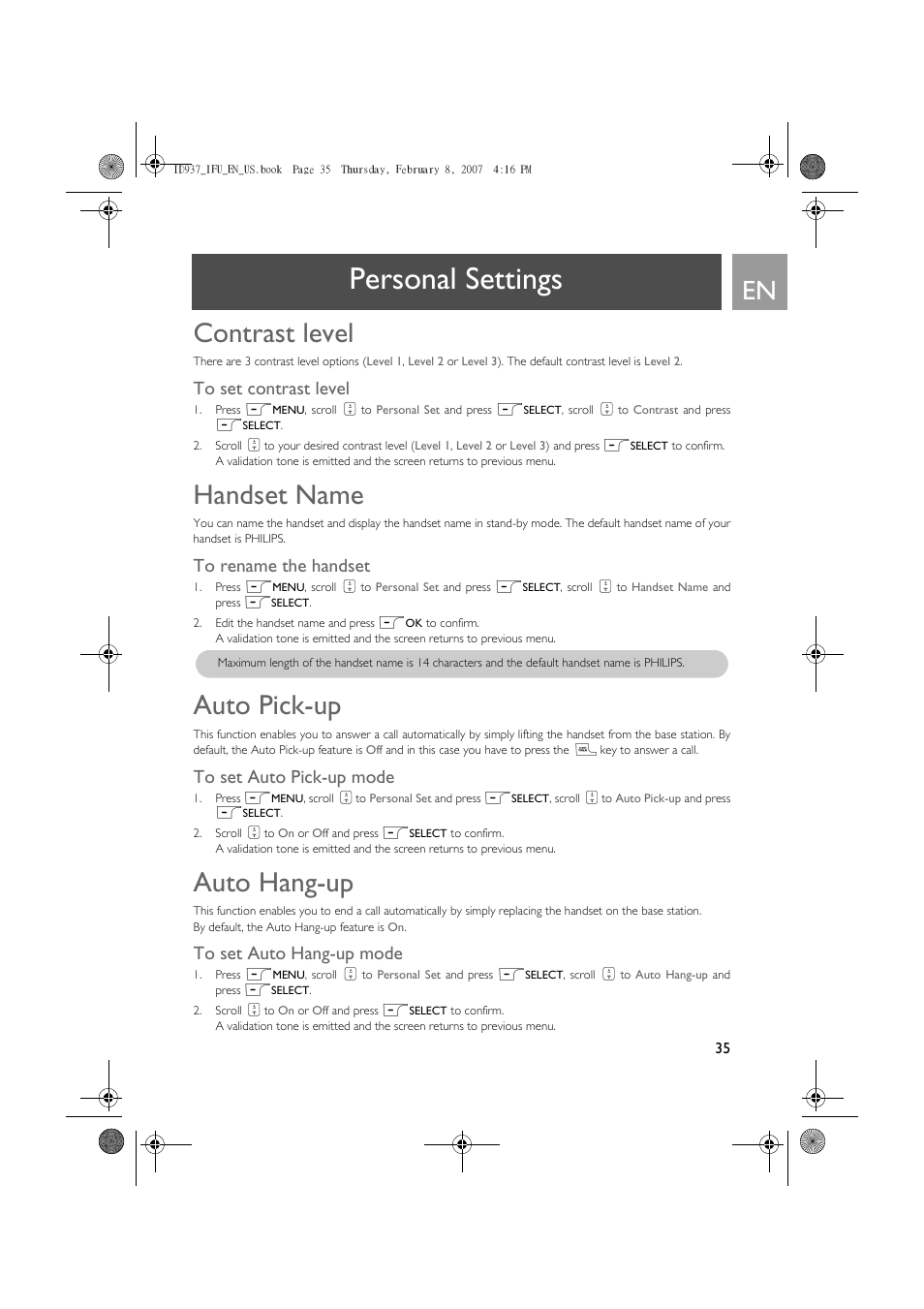 Contrast level, To set contrast level, Handset name | To rename the handset, Auto pick-up, To set auto pick-up mode, Auto hang-up, To set auto hang-up mode, Personal settings | Philips ID937 User Manual | Page 35 / 58