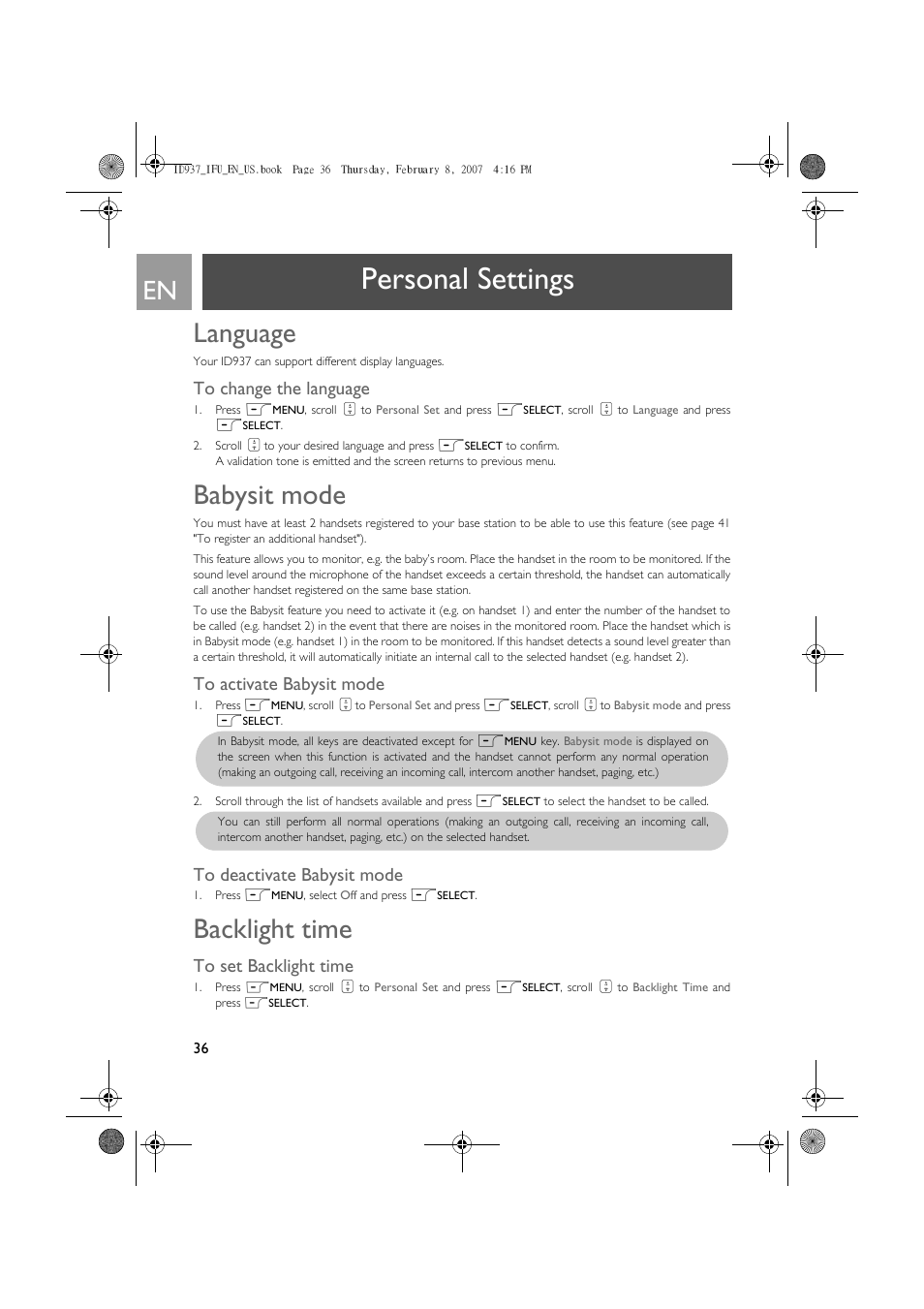 Language, To change the language, Babysit mode | To activate babysit mode, To deactivate babysit mode, Backlight time, To set backlight time, Personal settings | Philips ID937 User Manual | Page 36 / 58