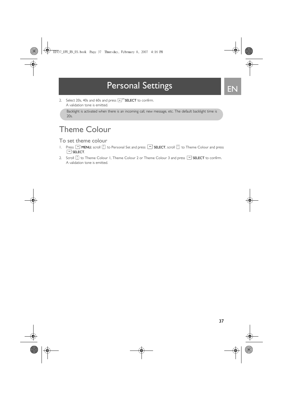 Theme colour, To set theme colour, Personal settings | Philips ID937 User Manual | Page 37 / 58