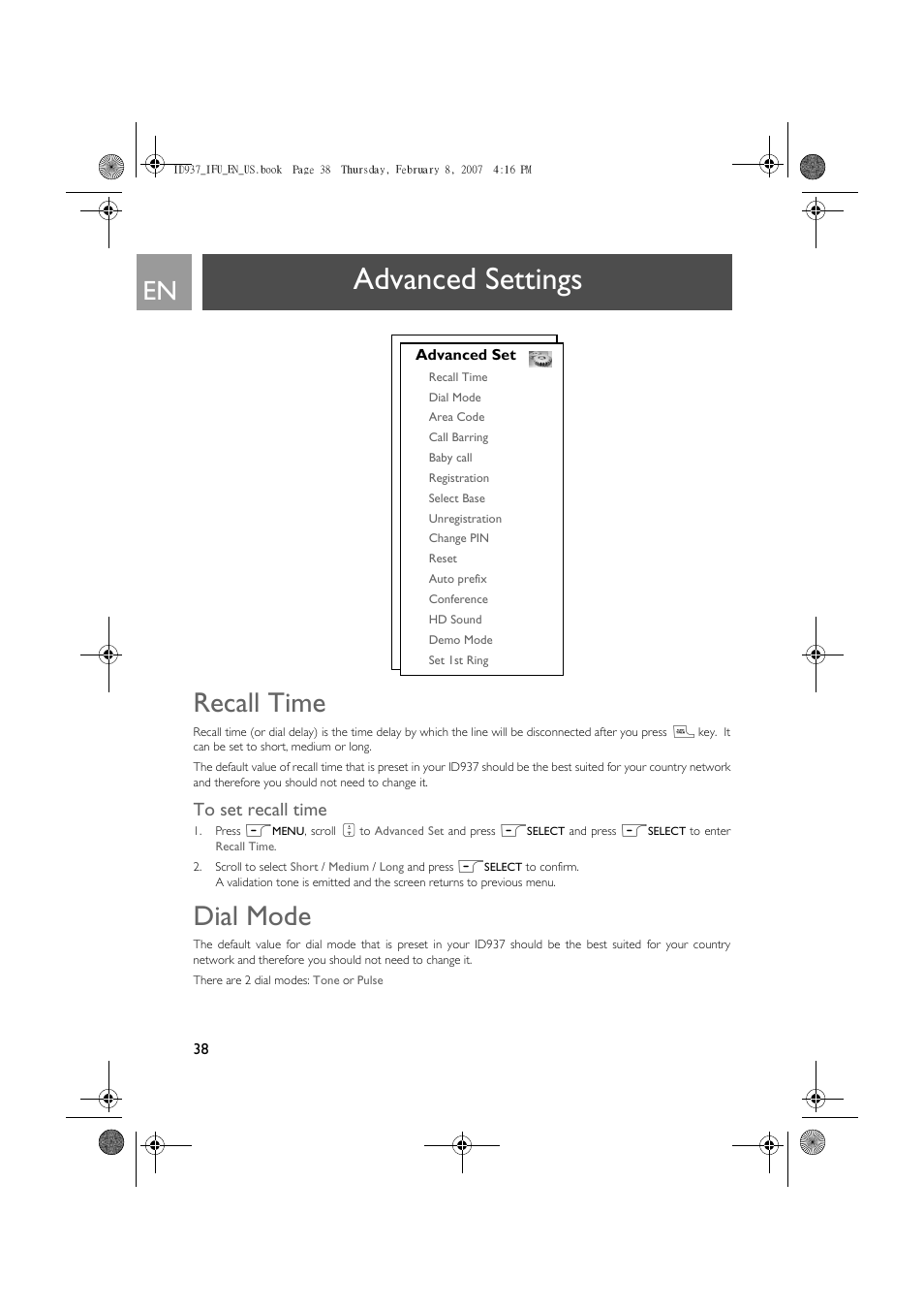 Advanced settings, Recall time, To set recall time | Dial mode | Philips ID937 User Manual | Page 38 / 58