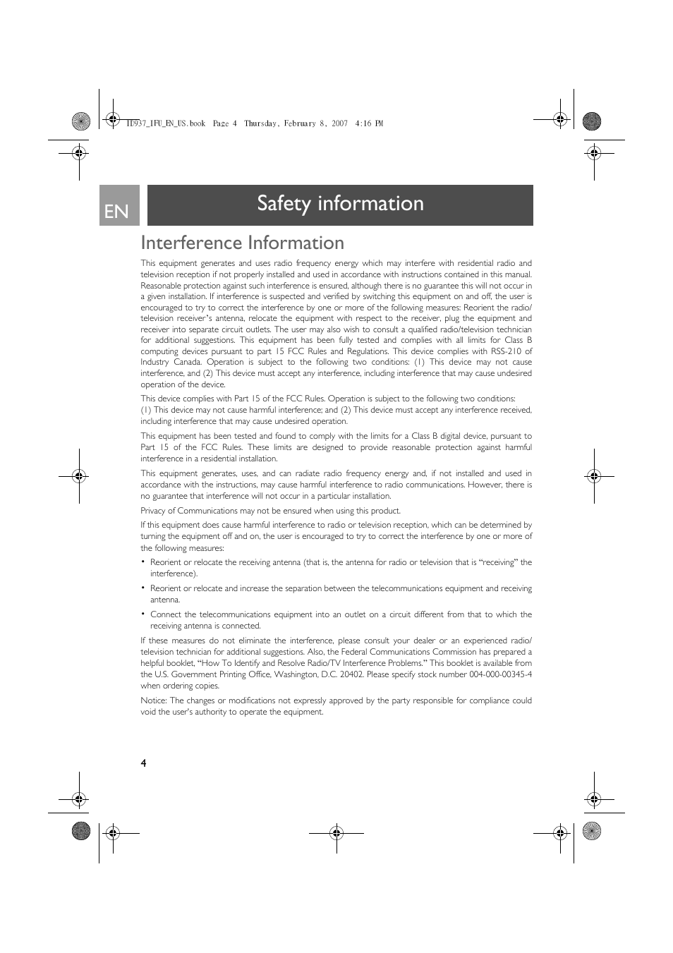 Interference information, Safety information | Philips ID937 User Manual | Page 4 / 58