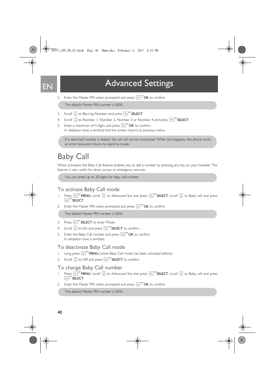 Baby call, To activate baby call mode, To deactivate baby call mode | To change baby call number, Advanced settings | Philips ID937 User Manual | Page 40 / 58