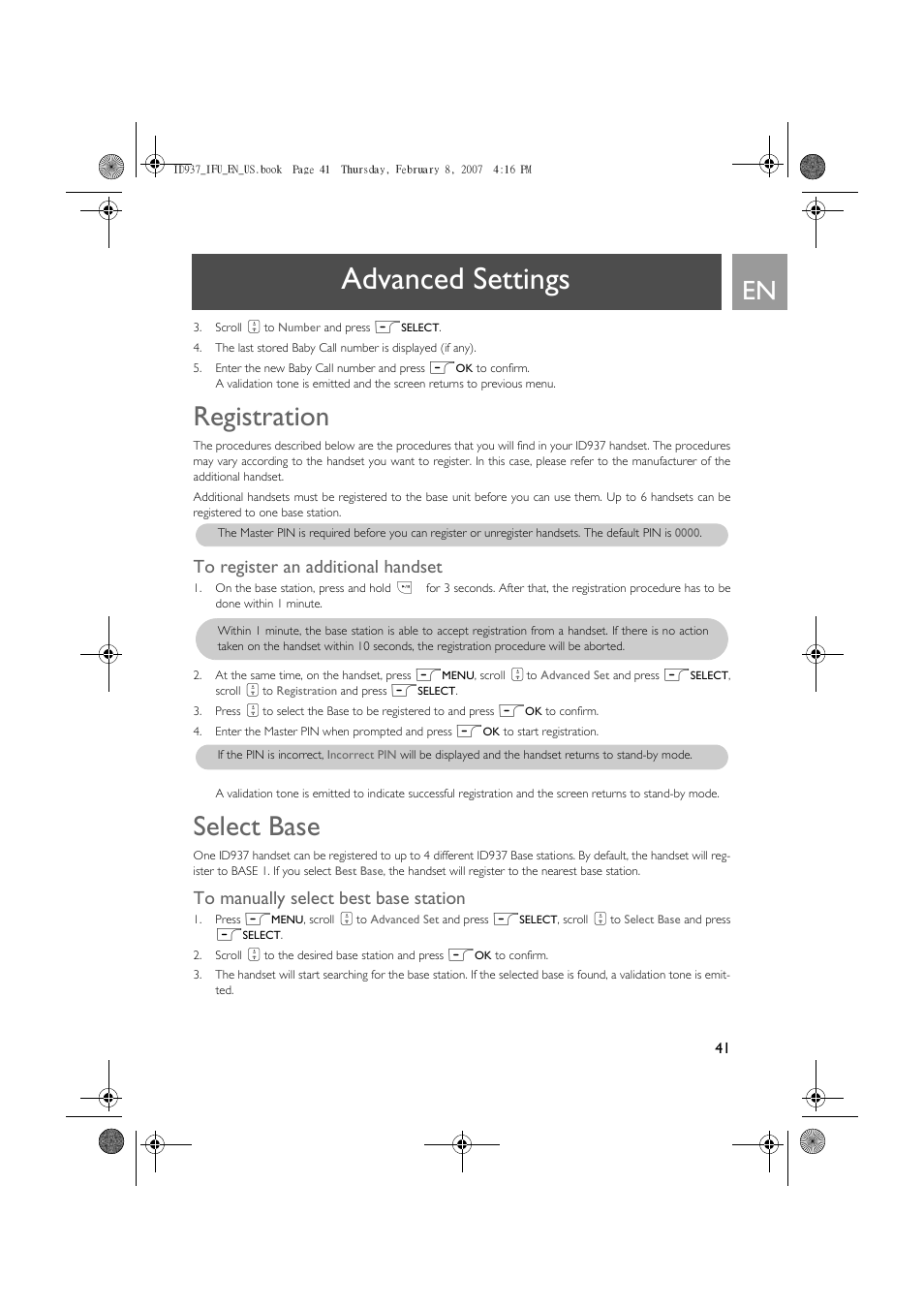 Registration, To register an additional handset, Select base | To manually select best base station, Advanced settings | Philips ID937 User Manual | Page 41 / 58