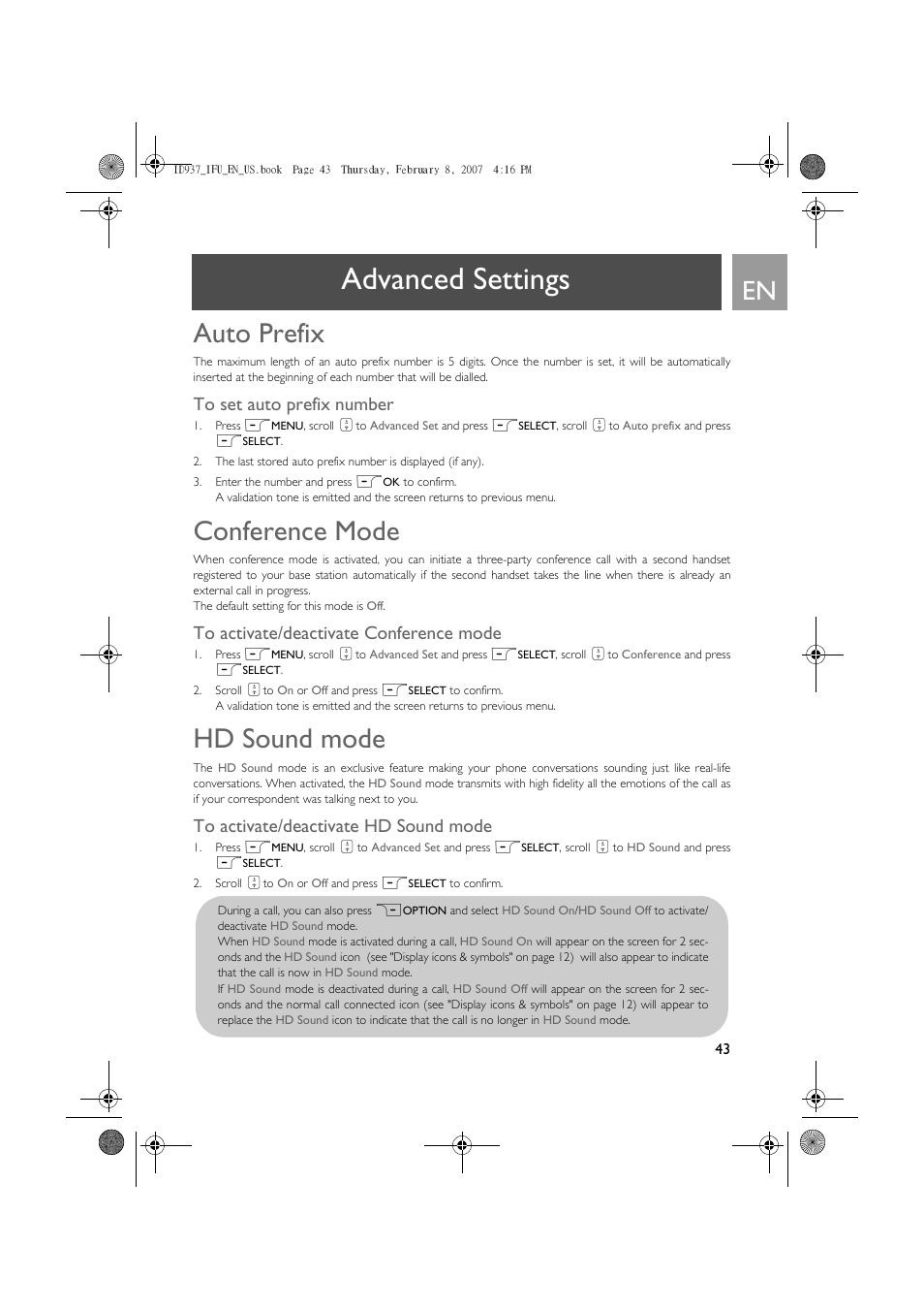 Auto prefix, To set auto prefix number, Conference mode | To activate/deactivate conference mode, Hd sound mode, To activate/deactivate hd sound mode, Advanced settings | Philips ID937 User Manual | Page 43 / 58