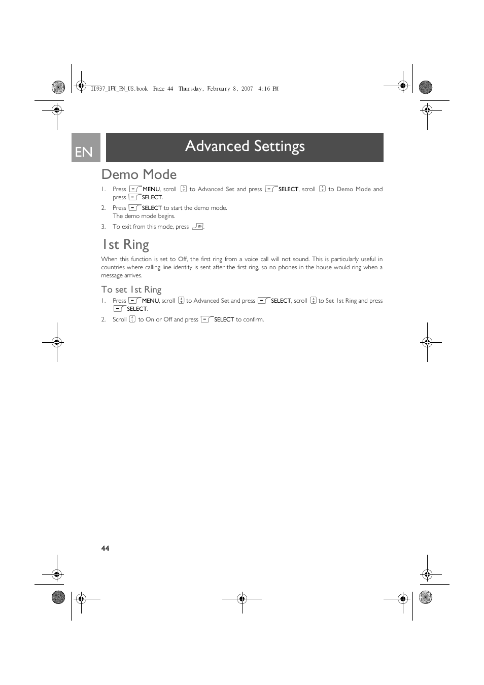 Demo mode, 1st ring, To set 1st ring | Advanced settings | Philips ID937 User Manual | Page 44 / 58