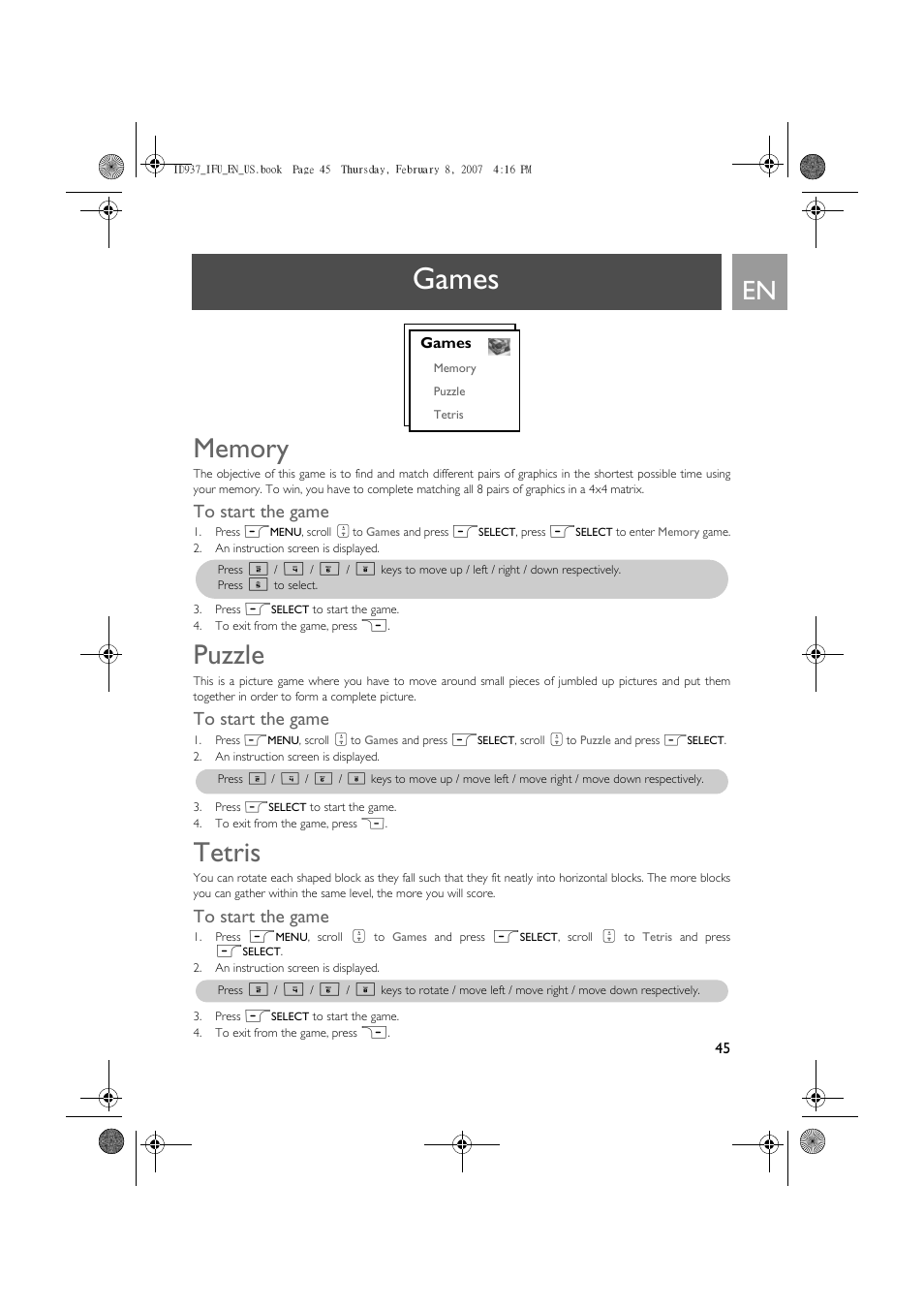 Games, Memory, To start the game | Puzzle, Tetris | Philips ID937 User Manual | Page 45 / 58