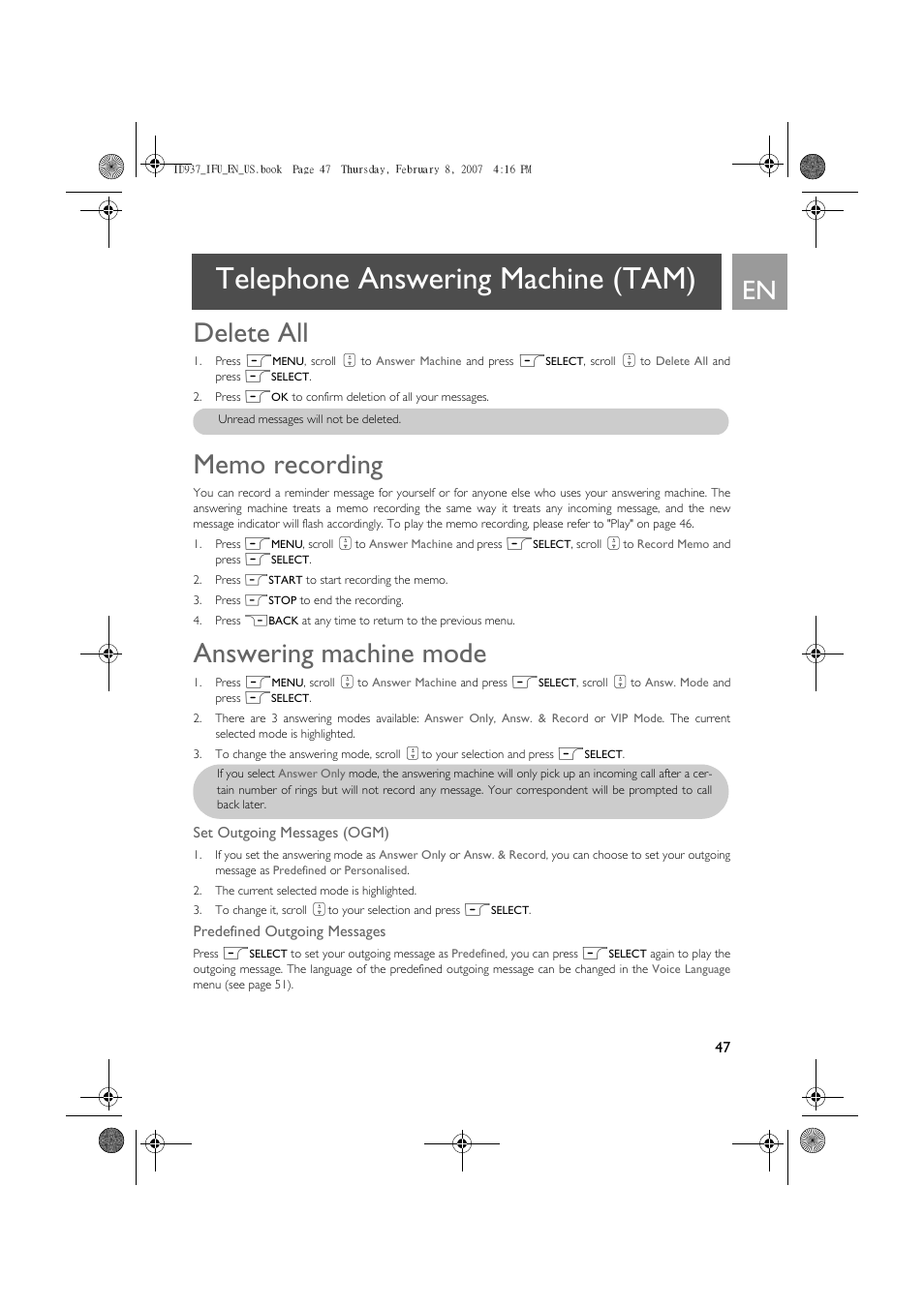 Delete all, Memo recording, Answering machine mode | Telephone answering machine (tam) | Philips ID937 User Manual | Page 47 / 58