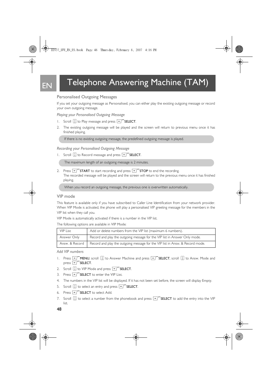 Telephone answering machine (tam) | Philips ID937 User Manual | Page 48 / 58
