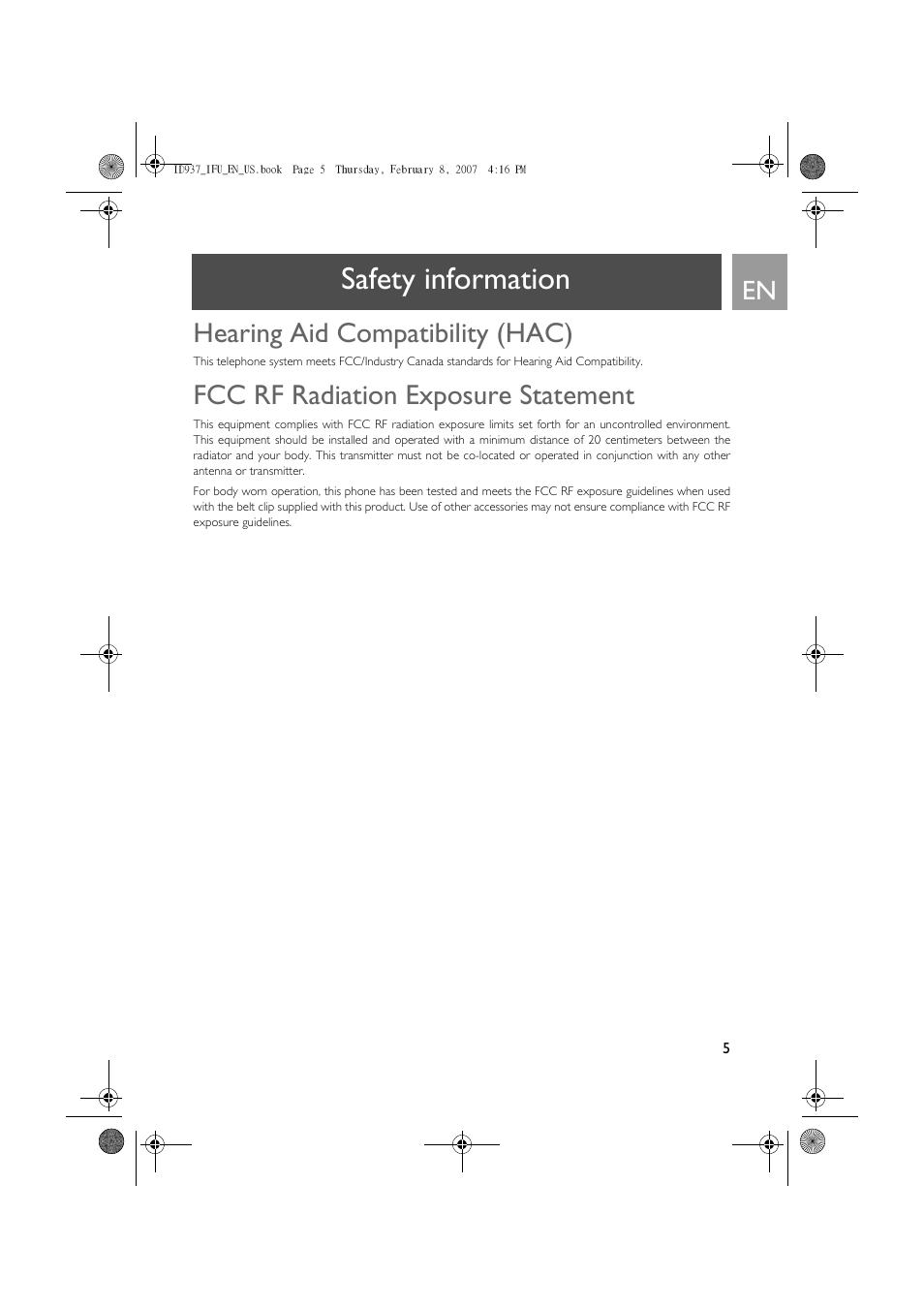 Hearing aid compatibility (hac), Fcc rf radiation exposure statement, Safety information | Philips ID937 User Manual | Page 5 / 58